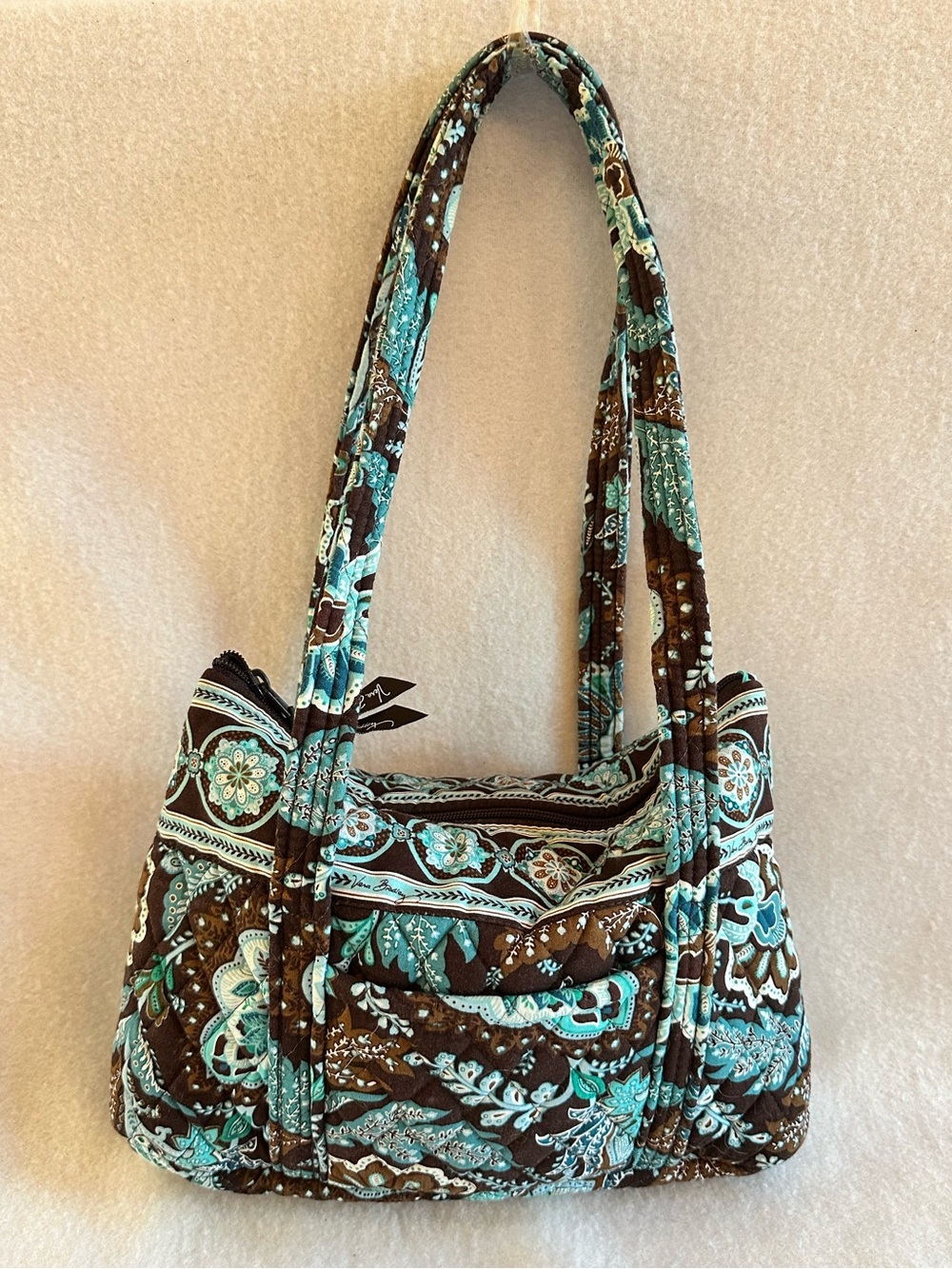 Vera Bradley Java Blue Quilted Bowler Shoulder Bag Brown Turquoise Paisley